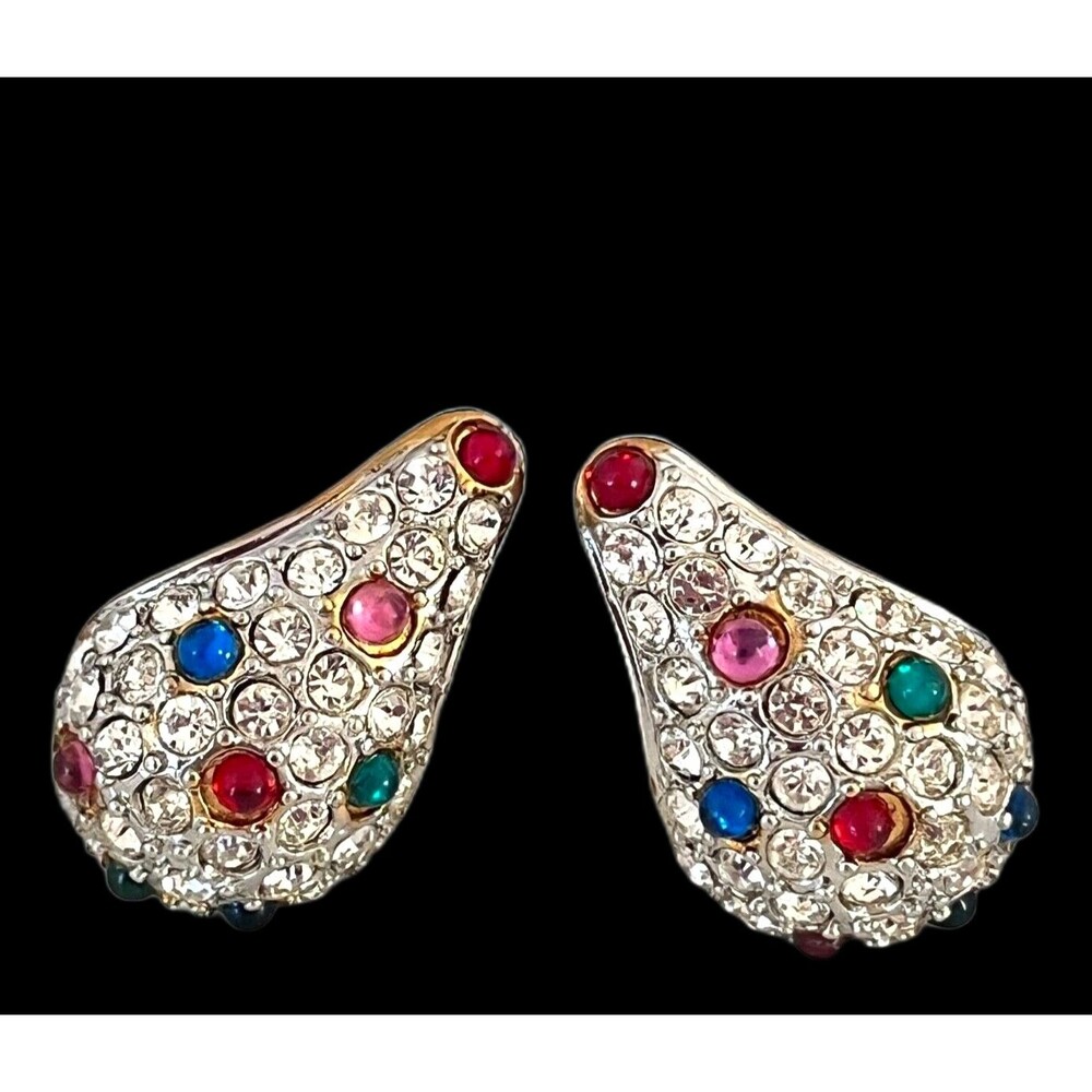 Vintage 1980s Pave Crystal Earrings Jewel Tone Cabochon Gold Tone - 7N